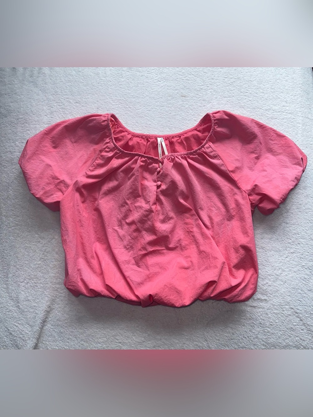 By Anthropologie Pink Puff Sleeve Blouse Gathered Neck Button Front Crop Top XS